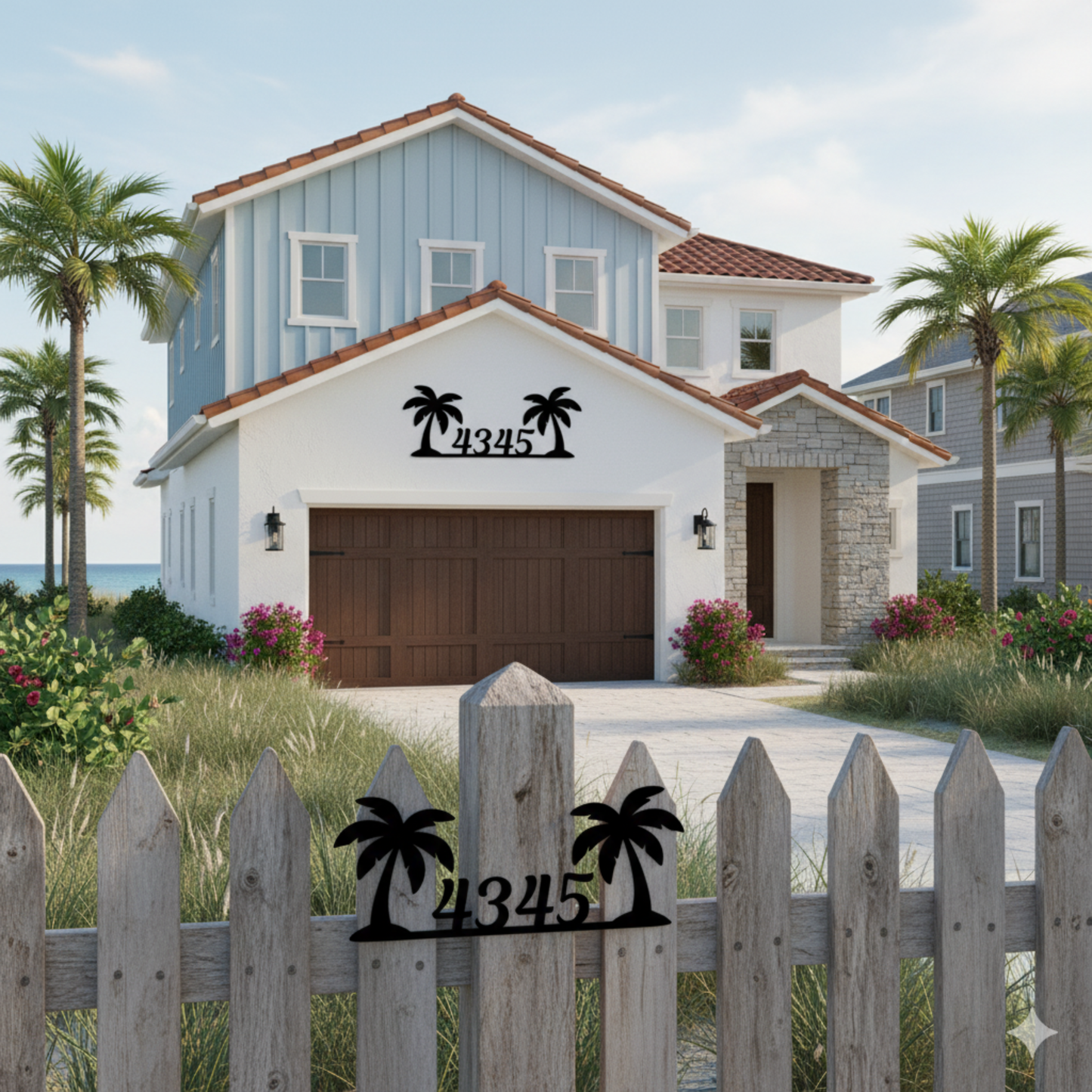 Metal House Number Sign with Palm Trees, Tropical Address Sign